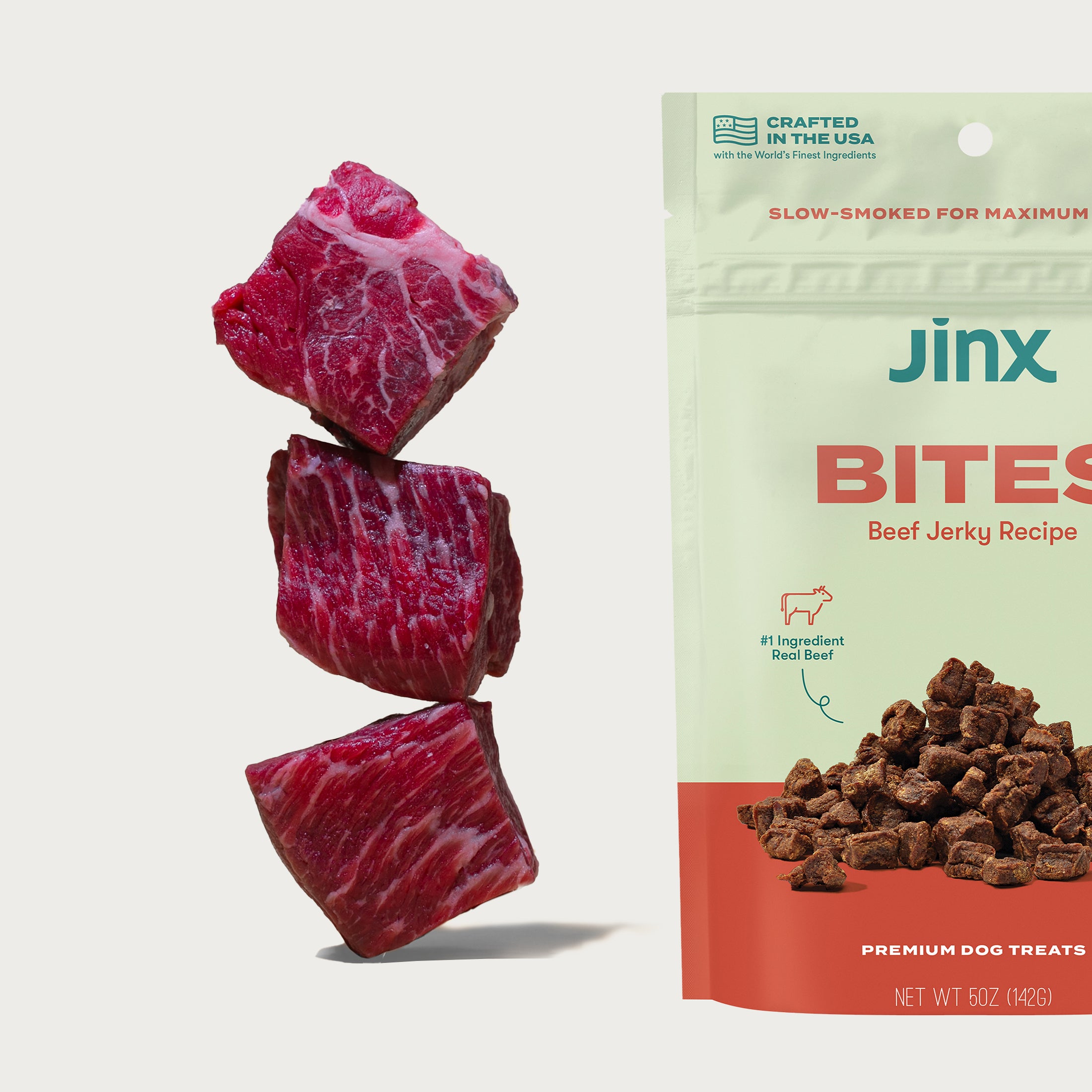 cubes of raw beef stacked on the left and image of jinx beef jerky bites packaging to the right